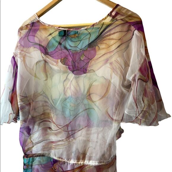 COSTA BLANCA Beige Floral Watercolour Semi Sheer Flutter Short Sleeve Top XS - Picture 4 of 7